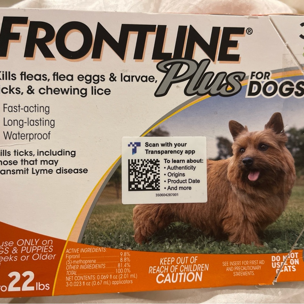 FRONTLINE PLUS FOR DOGS & PUPPIES - 8 wks & OLDER 
5 TO 22 LBS - new! 3 dose box